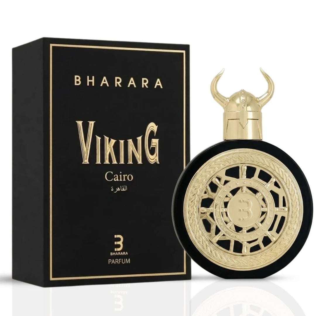 Bharara Viking Cairo Eau De Parfum spray bottle, 100ml, featuring a sleek design and black cap by Bharara.