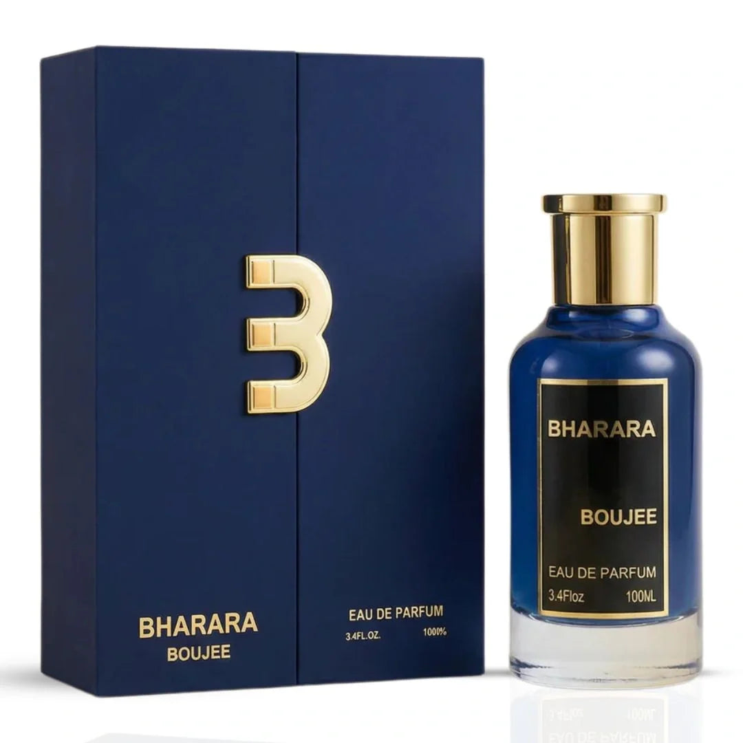 Bharara Boujee Eau de Parfum spray 100ml bottle with elegant gold and black design, showcasing the BHARARA fragrance packaging.