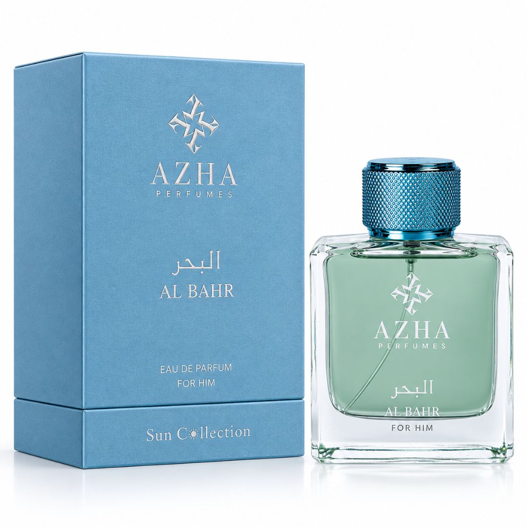 Al Bahr Eau de Parfum Spray by AZHA, 100ml, showcasing the elegant perfume bottle with a sleek design and gold accents.