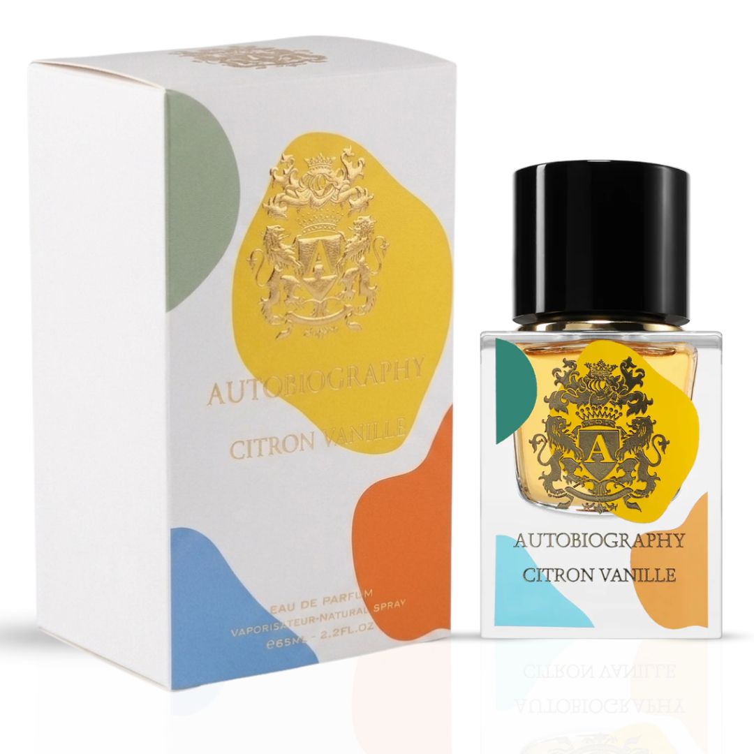Autobiography Citrone Vanille Eau de Parfum spray by Paris Corner, 65ml, featuring a sleek bottle with citrus and vanilla notes.