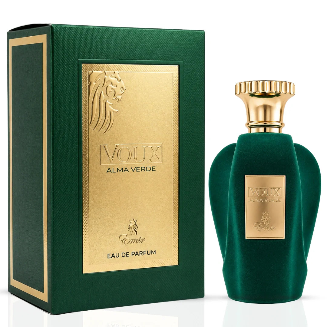 Voux Alma Verde Eau de Parfum spray by Paris Corner, 100ml, with a sleek green and clear glass bottle on a white background.