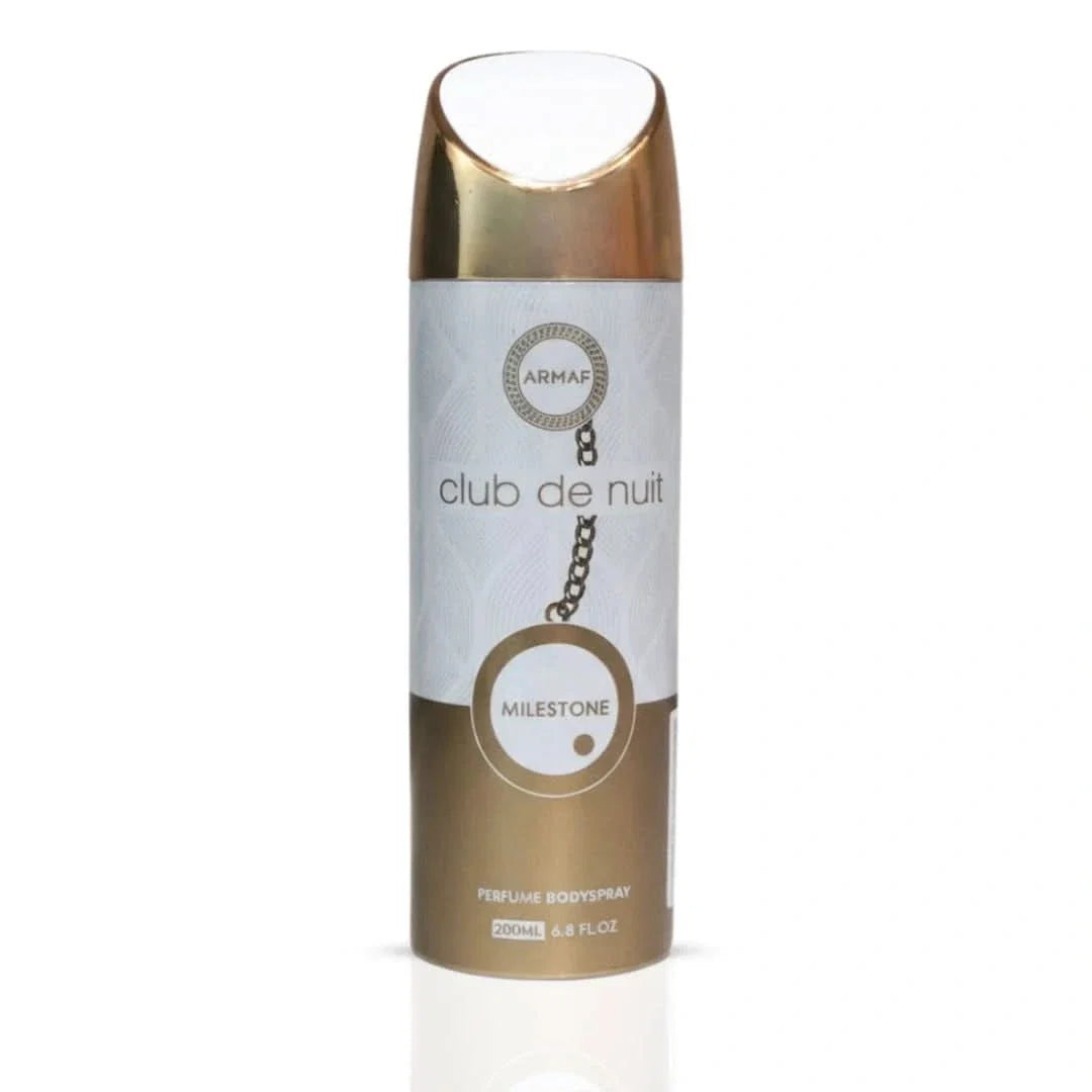 Armaf Club De Nuit Milestone deodorant spray 200ml, featuring sleek packaging and spray nozzle for freshening underarms.