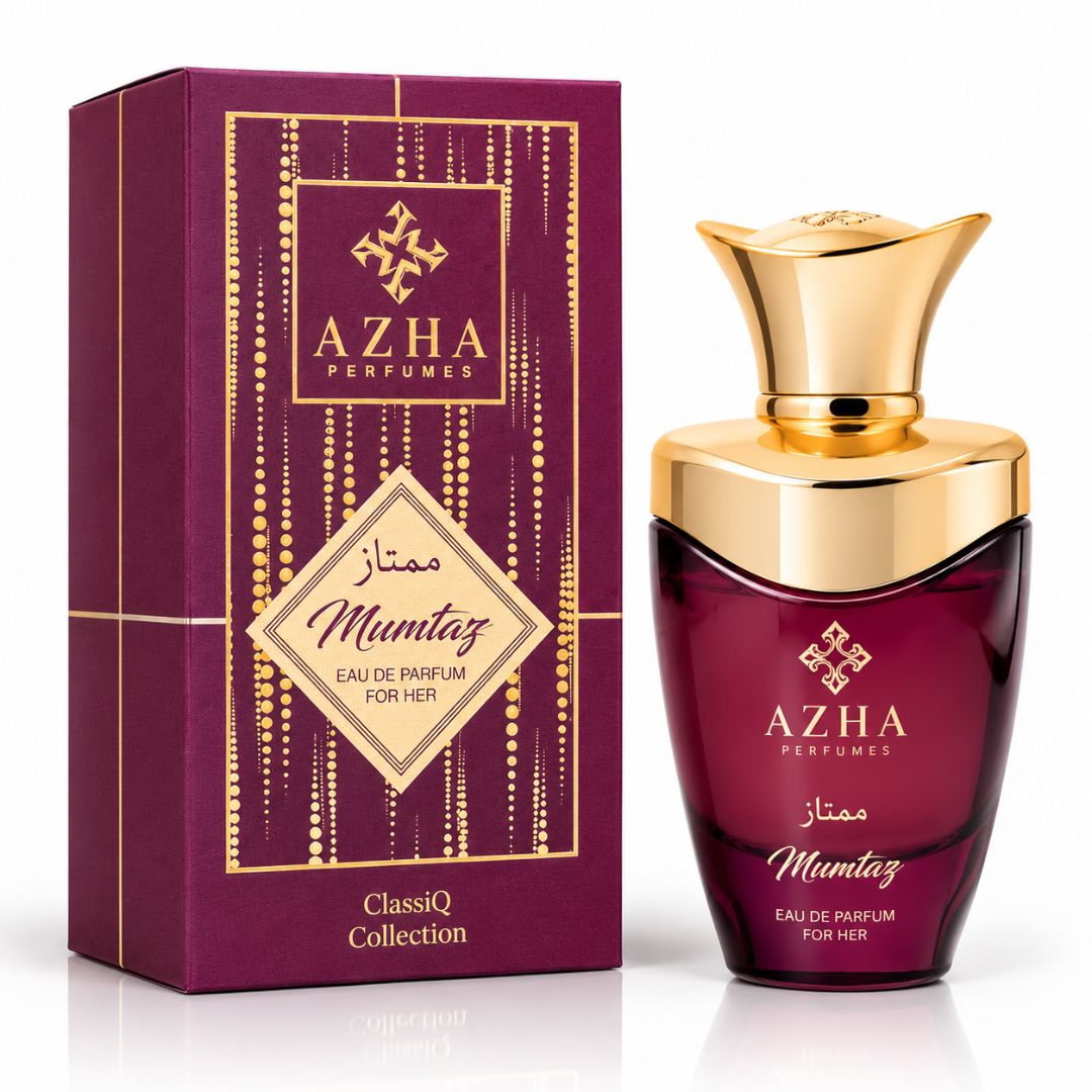 Azha Mumtaz Eau de Parfum spray in 100ml bottle, elegant design, showcasing the luxurious perfume for women.