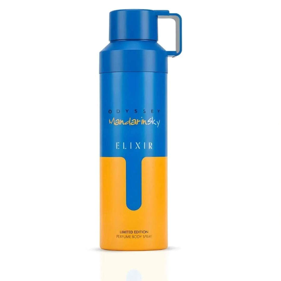 Odyssey Mandarin Sky Elixir deodorant spray by Armaf, 200ml, with a sleek bottle and citrus-inspired design.