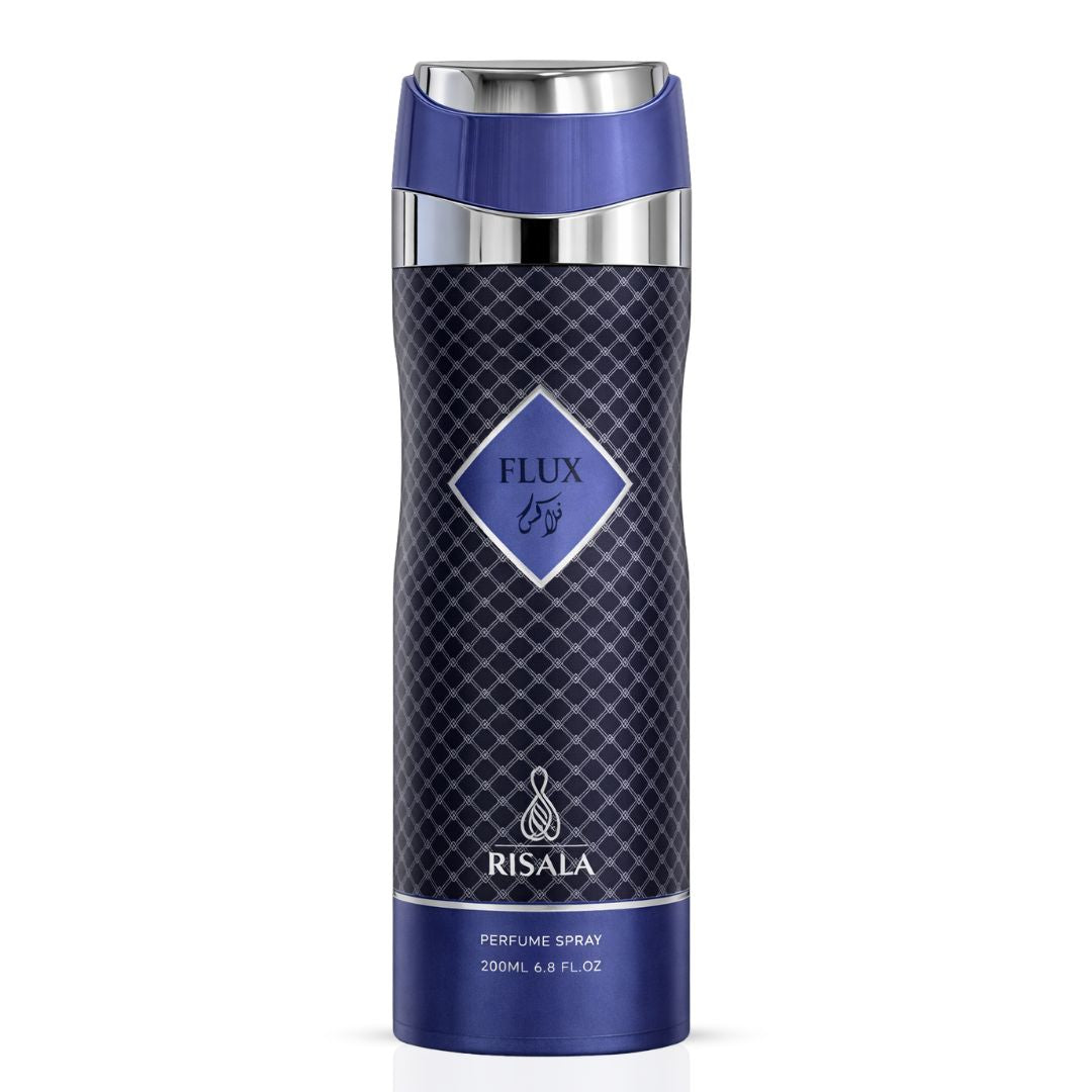 Elite Risala Flux Body Spray 200ml deodorant bottle with sleek design and blue cap, showcasing the product on a white background.