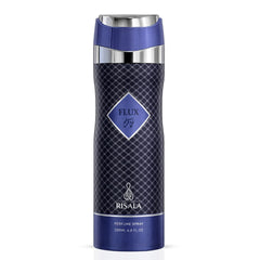 Elite Risala Flux Body Spray 200ml deodorant bottle with sleek design and blue cap, showcasing the product on a white background.