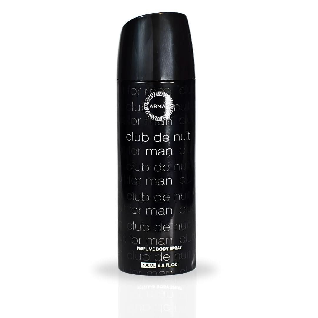 Armaf Club De Nuit Man perfumed body spray 200ml deodorant bottle with sleek design and spray nozzle.