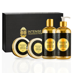 4PCS LUXURY AMBER OUD - Bath & Body Gift Set Magnetic Box By Hamidi | Ultra Moisturizing, Skin-Nourishing, Naturally Derived Ingredients. (Pack of 4)