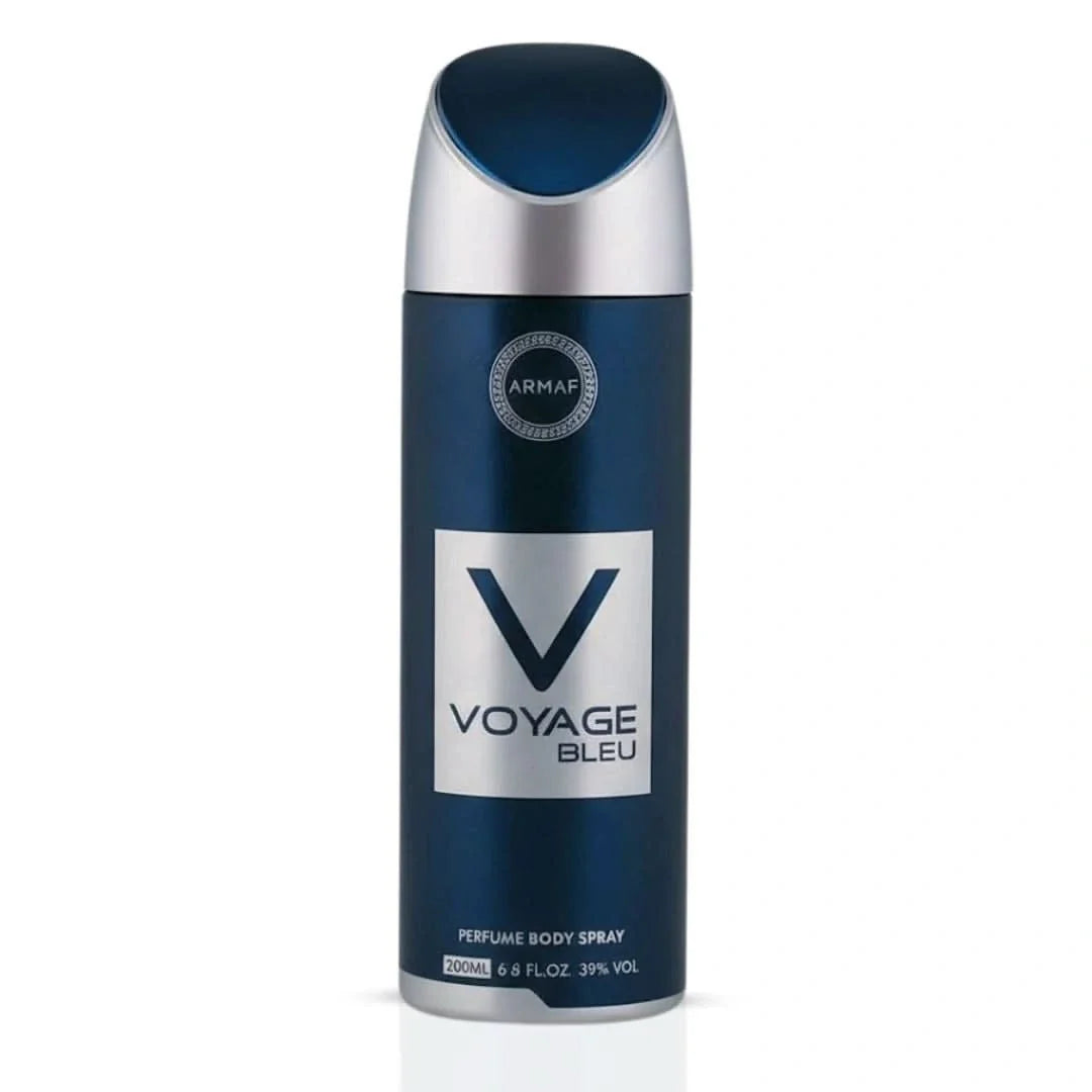 Armaf Voyage Bleu deodorant spray 200ml bottle with sleek navy blue design and silver accents, displayed upright.