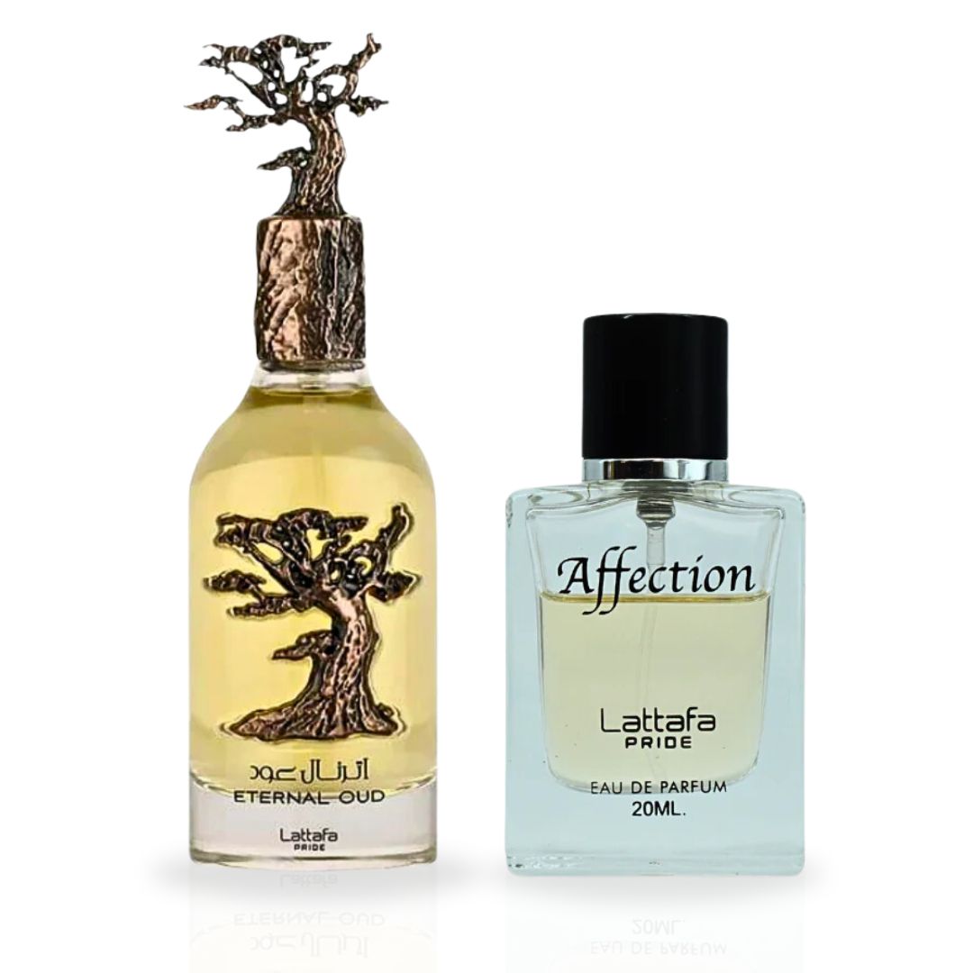 Eternal Oud EDP Spray 100ML (3.4 OZ) & Affection EDP 20ML (0.6OZ) By Lattafa Pride | Long Lasting, Luxurious Fragrances. (DELUXE BUNDLE)