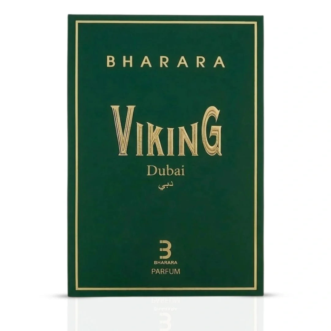 Bharara Viking Dubai Eau De Parfum spray bottle, 100ml, featuring a sleek design and BHARARA branding.