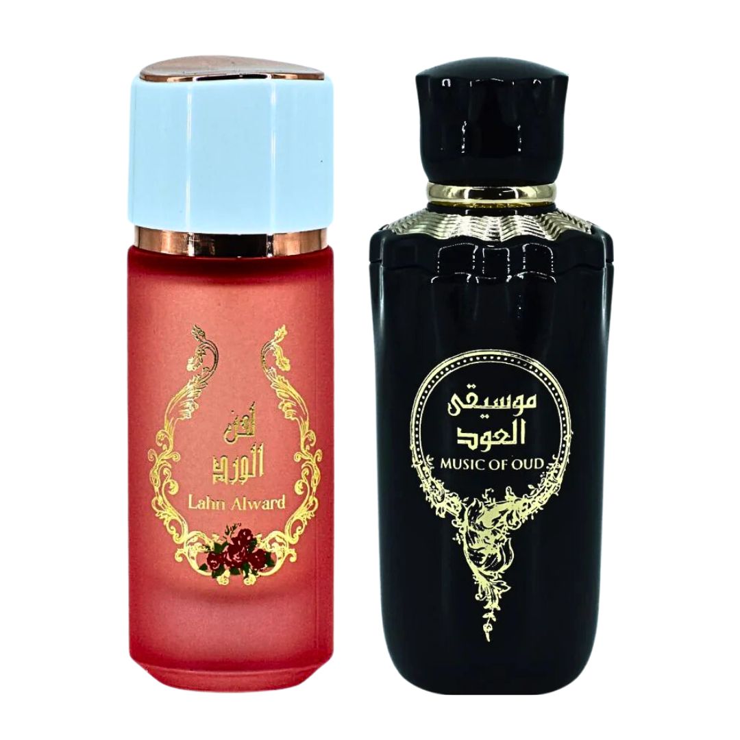 Lahn Alward EDP Spray 75ML (2.5 OZ) & Music Of Oud EDP Spray 100ML (3.4 OZ) By Risala | Long Lasting, Luxurious, Original Scents Of Arabia. (ENCHANTED BUNDLE)