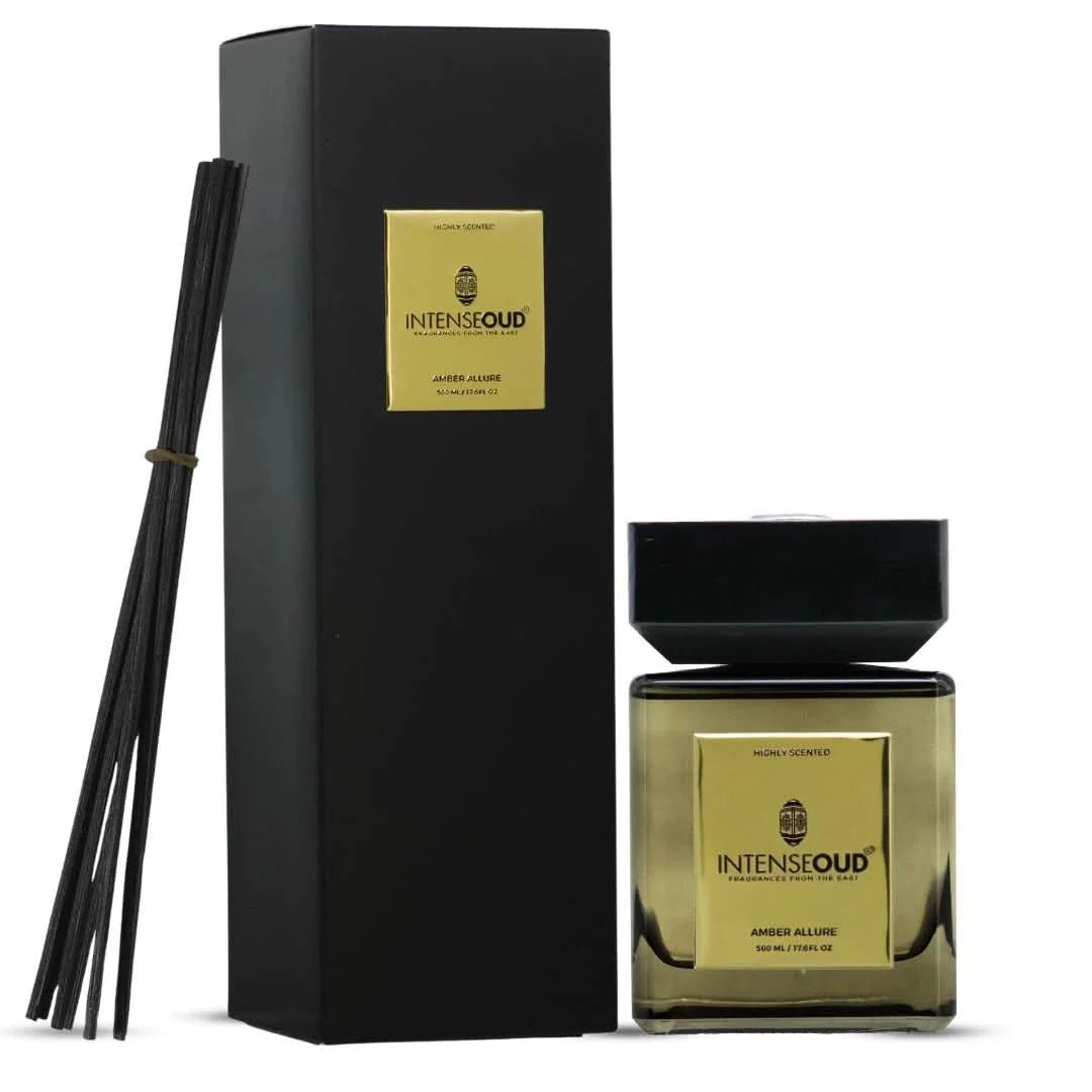 INTENSE OUD Reed Diffuser, Amber Allure – 500ml (17.6 oz) – Fragrance for Up to 90 Days – Reusable, Refillable Glass Holder and Includes 6 All-Natural Reed Sticks - Intense Oud