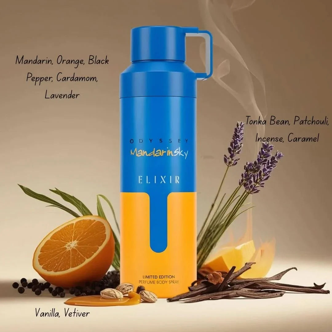 Odyssey Mandarin Sky Elixir deodorant spray by Armaf, 200ml bottle, with a sleek design and vibrant label.