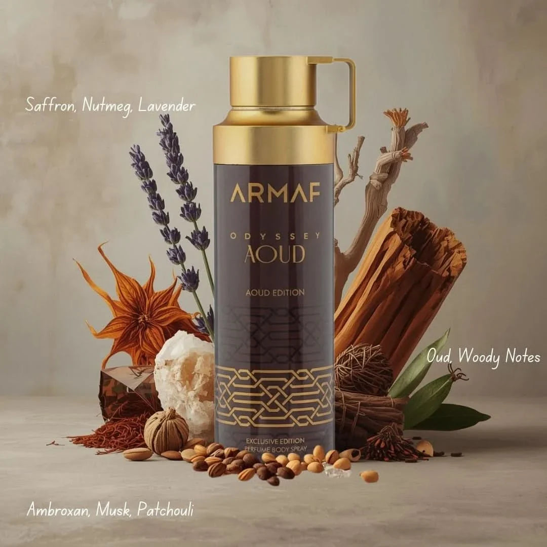 Armaf Odyssey Aoud deodorant spray 200ml bottle with black cap, featuring a sleek design and the product label visible.