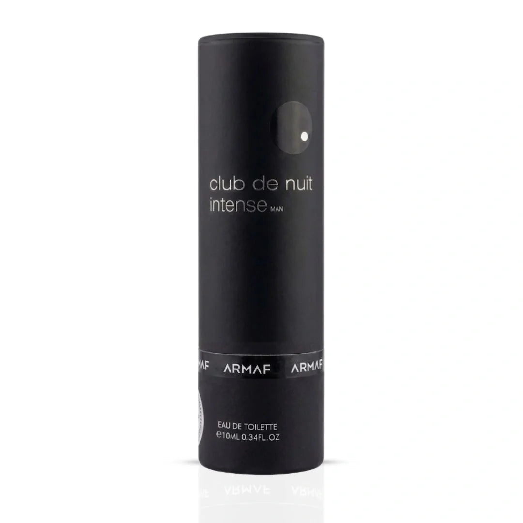 Armaf Club De Nuit Intense Man 10ml travel size Eau de Toilette spray, sleek bottle with black and silver design.