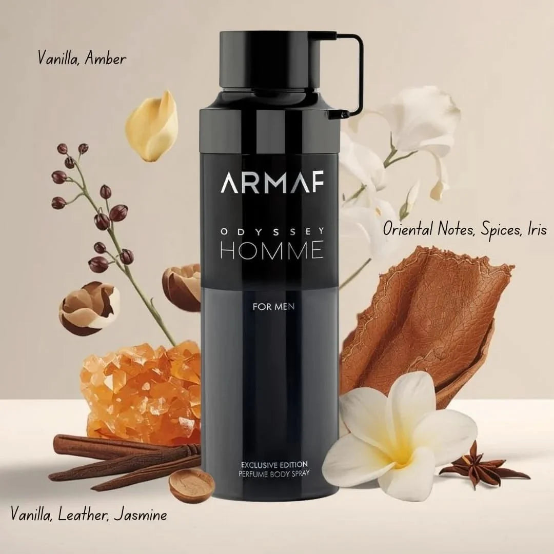 Odyssey Homme deodorant spray by Armaf, 200ml bottle, with sleek packaging and spray nozzle visible.