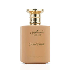 Paris Corner Taskeen Caramel Cascade Eau de Parfum spray, 100ml, with a sleek bottle and caramel-toned fragrance design.