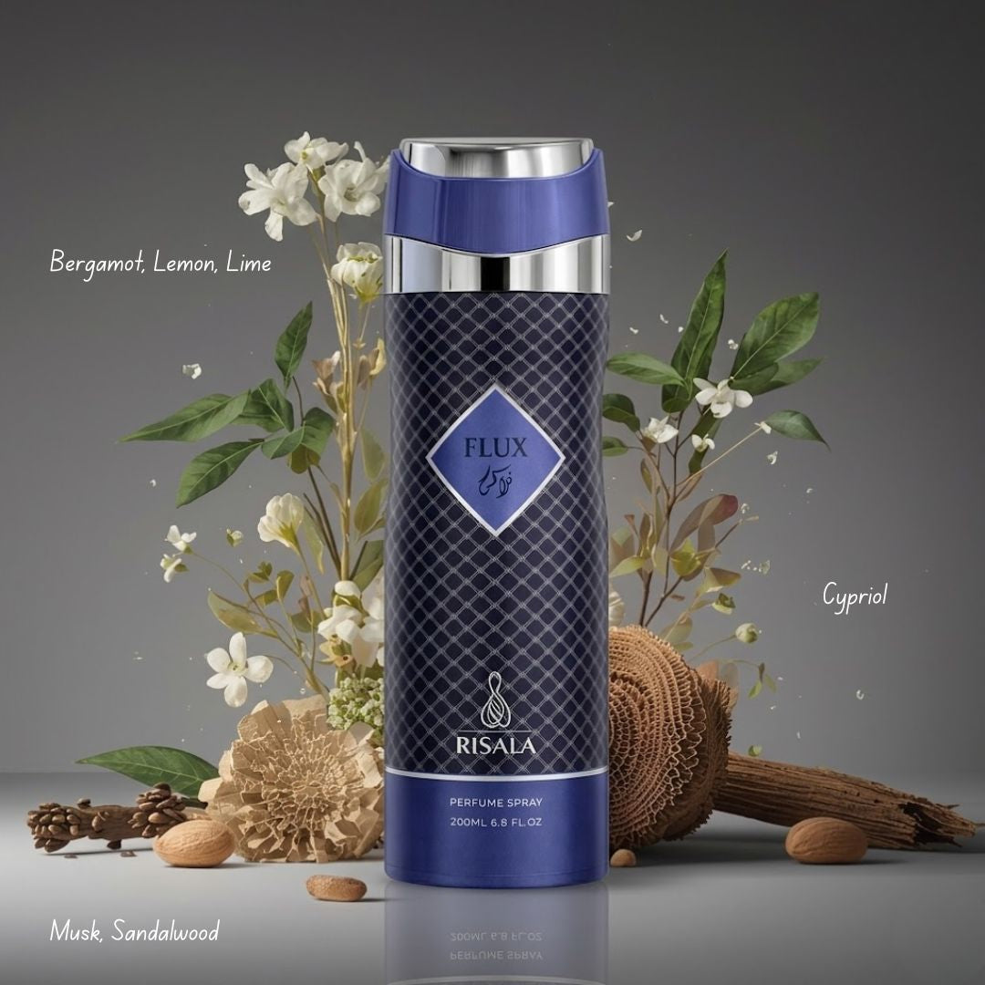 Elite Risala Flux Body Spray 200ml deodorant bottle with spray nozzle and sleek packaging, designed for freshness.