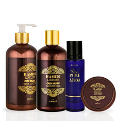 4PCS LUXURY OUD MUSK & Pure Arba - Bath & Body Gift Set Magnetic Box By Hamidi | Ultra Moisturizing, Skin-Nourishing, Naturally Derived Ingredients. (Pack Of 4)