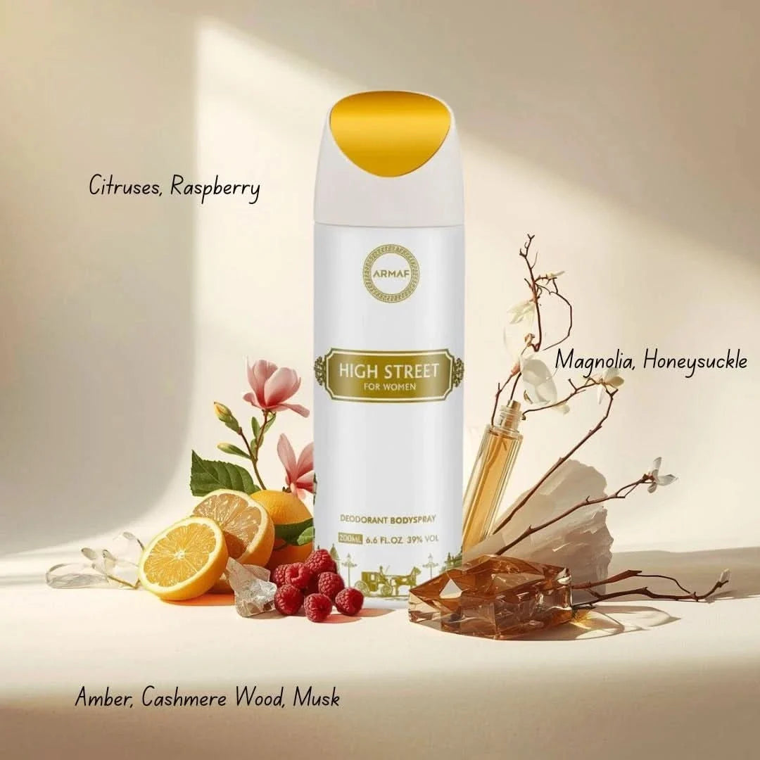Armaf High Street Deodorant Spray 200ml bottle with sleek design, ready to keep you fresh throughout the day.