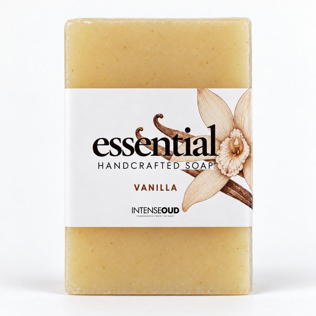 Handmade vanilla soap by Intense Oud, 150g, with smooth creamy texture and natural vanilla scent.
