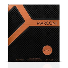 RAVE Marconi Eau de Parfum Spray 100ml, elegant bottle of fragrance with floral and woody notes, sleek design.
