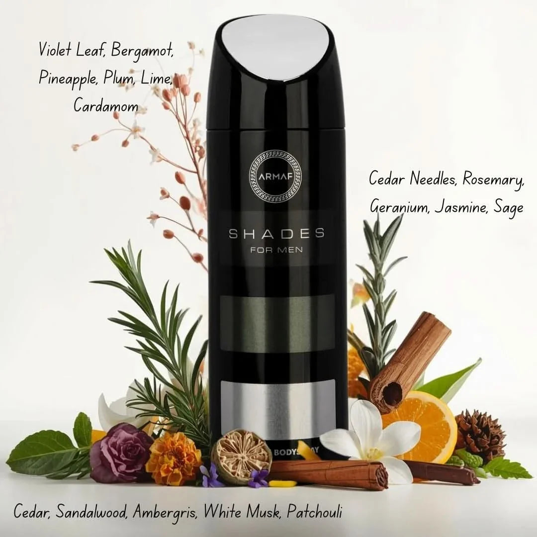 Armaf Shades Deodorant Spray 200ml bottle with sleek packaging and spray nozzle, designed for effective body odor control.