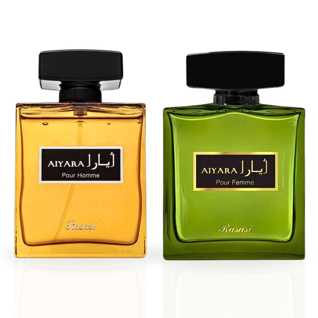 Aiyara Pour Homme & Aiyara Pour Femme - EDP Sprays 100ML (3.4 OZ) by Rasasi | Long Lasting, Refreshing Scents. (PREMIUM BUNDLE)