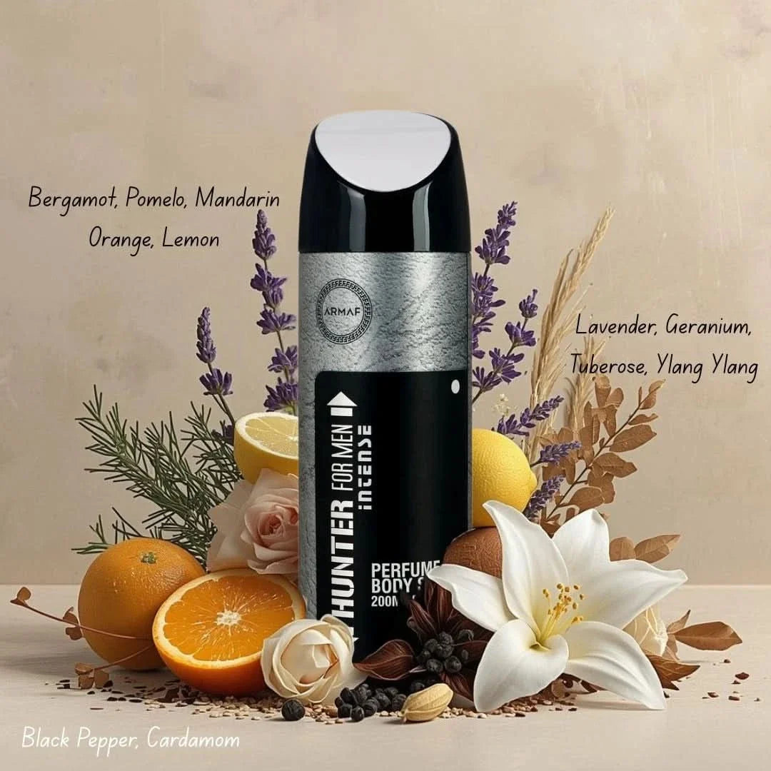 Hunter Intense Deodorant Spray by Armaf, 200ml, featuring a sleek bottle and fresh scent, ideal for everyday freshness.