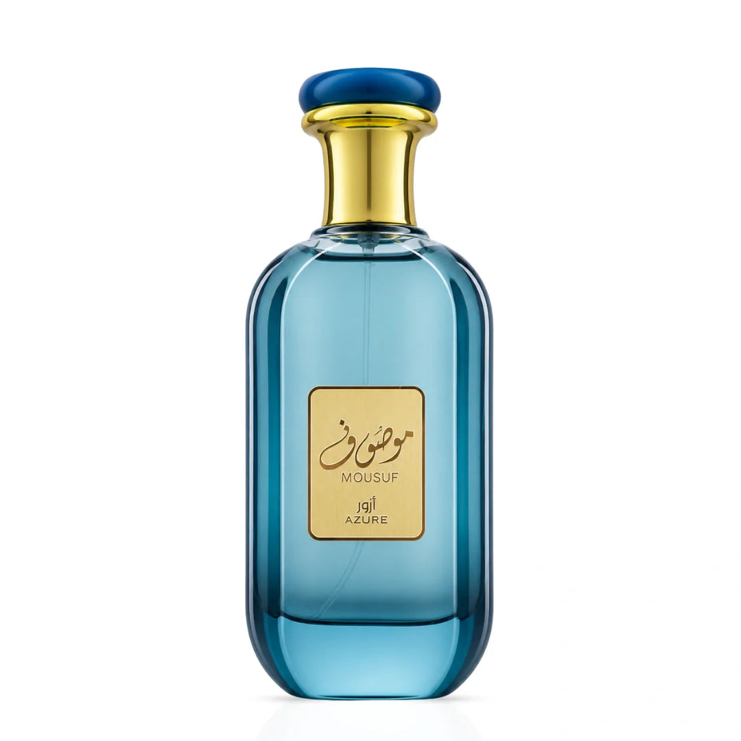 Ard Al Zaafaran Mousaf Azure Eau de Parfum spray bottle, 100ml, with elegant packaging and fragrance details visible.