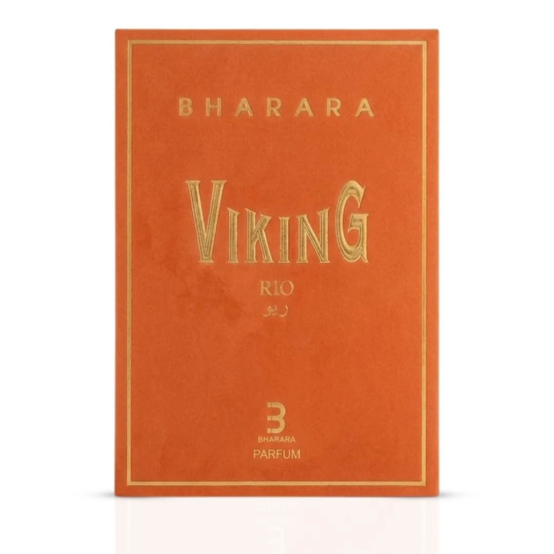Bharara Viking Rio Eau De Parfum spray bottle, 100ml, with sleek design and black cap, showcasing the Bharara brand.