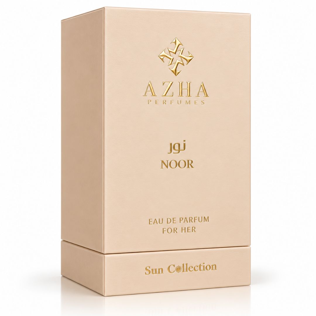 Azha Noor Eau de Parfum spray bottle, 100ml (3.4 oz), sleek packaging for Azha's floral and oriental fragrance.