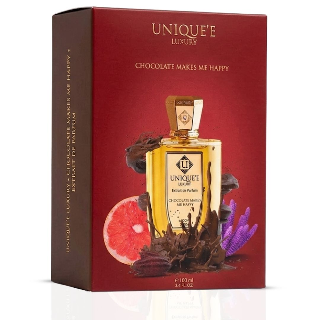 Unique'e Luxury Chocolate Makes Me Happy Extrait de Parfum Spray 100ml bottle with elegant design and black cap.