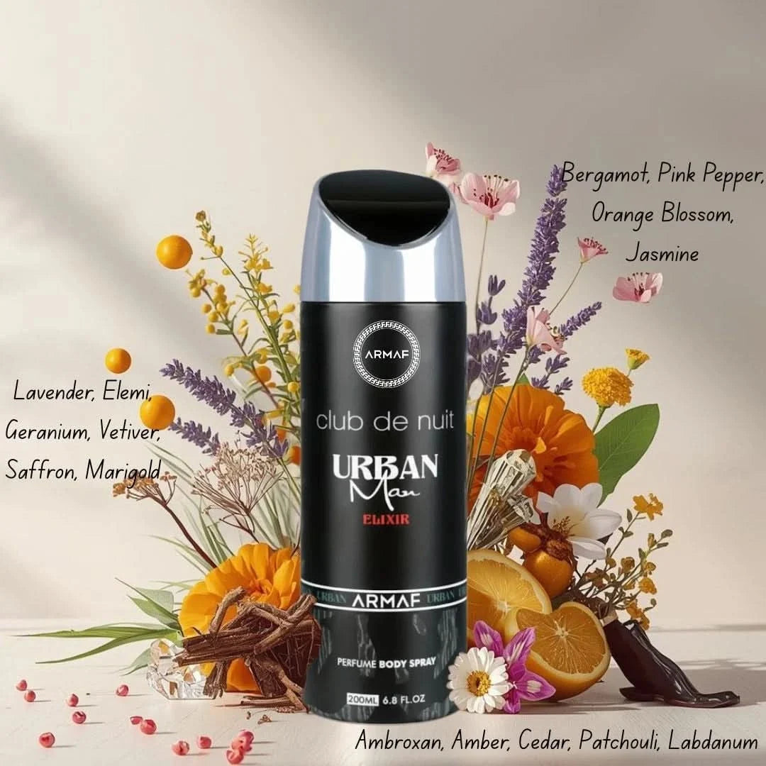 Armaf Club De Nuit Urban Elixir deodorant spray bottle, 200ml, with sleek design and spray nozzle visible.