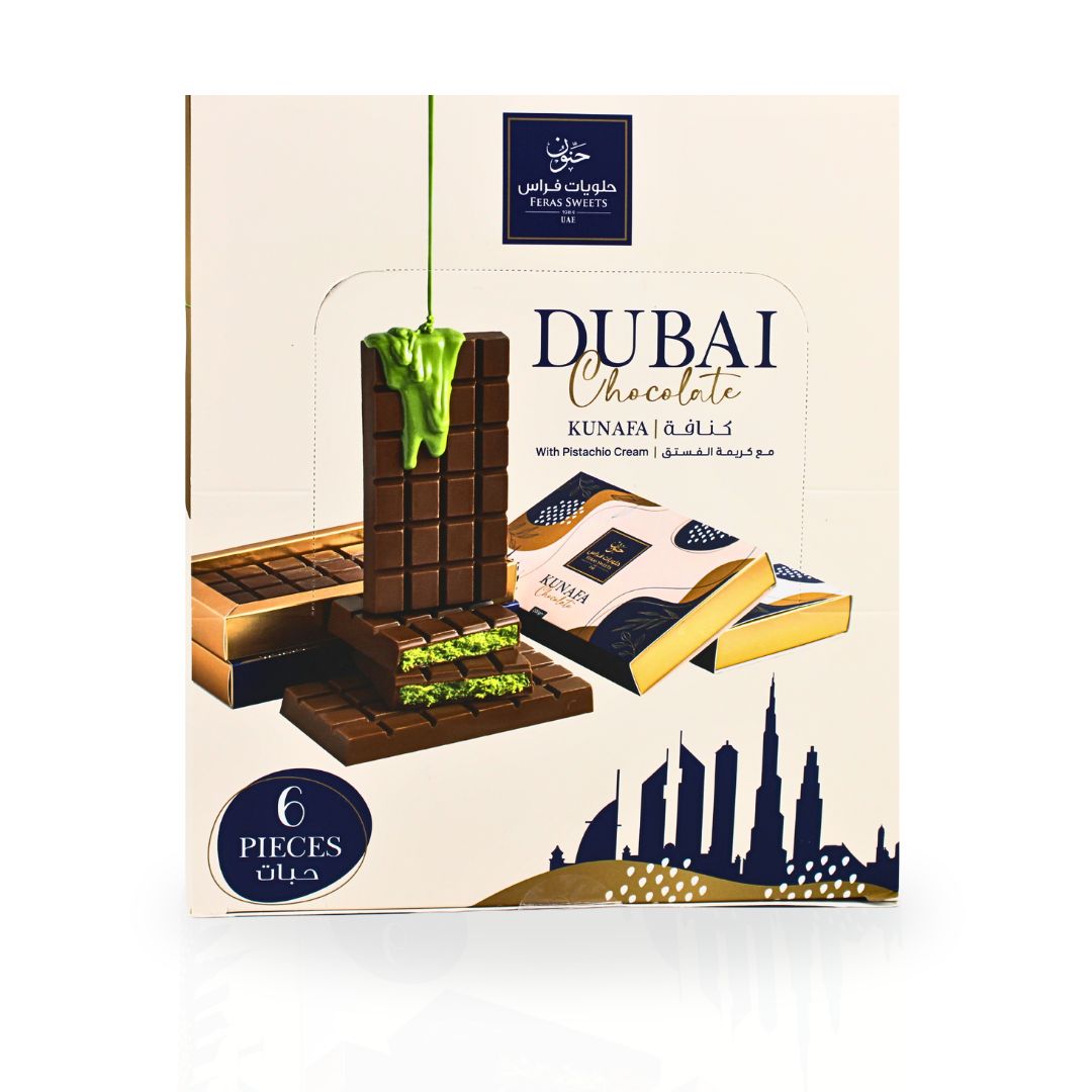 Dubai Kunafa Chocolate Bar 200GMS By Feras Sweets | Rich Chocolate, Creamy Pistachio, Crispy Kunafa, The Viral Dubai Chocolate (BOX OF 6)