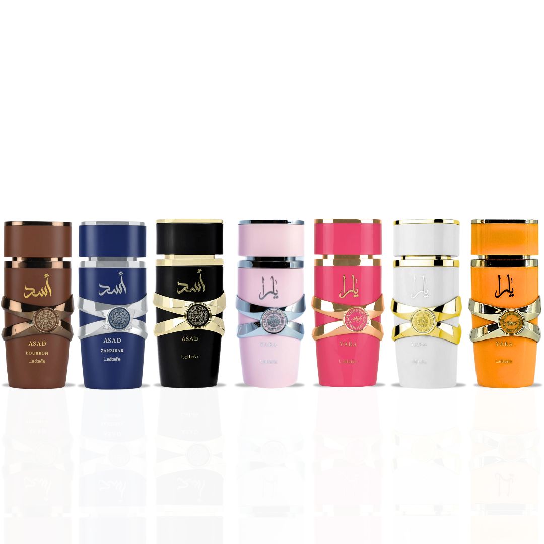 Yara, Yara Candy, Yara Moi, Yara Tous, Asad, Asad Zanzibar & Asad Bourbon EDP Sprays 100ML (3.4 OZ) By Lattafa | Long Lasting, Exotic, Exquisite, Signature Scents. (SIGNATURE COLLECTION)