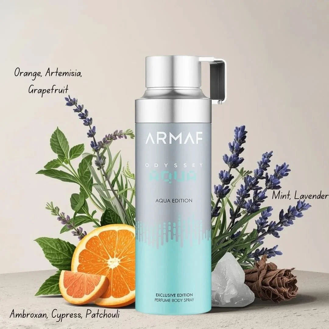 Odyssey Aqua Edition deodorant spray by Armaf in a 200ml bottle, featuring a sleek blue design with the brand logo.