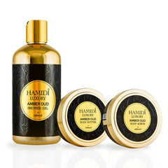 3PCS LUXURY AMBER OUD - Bath & Body Gift Set Magnetic Box By Hamidi | Ultra Moisturizing, Skin-Nourishing, Naturally Derived Ingredients. (Pack Of 3)