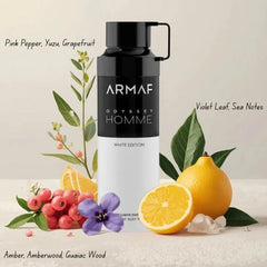 Odyssey Homme White Edition deodorant spray by Armaf, 200ml bottle with a sleek design and white label.