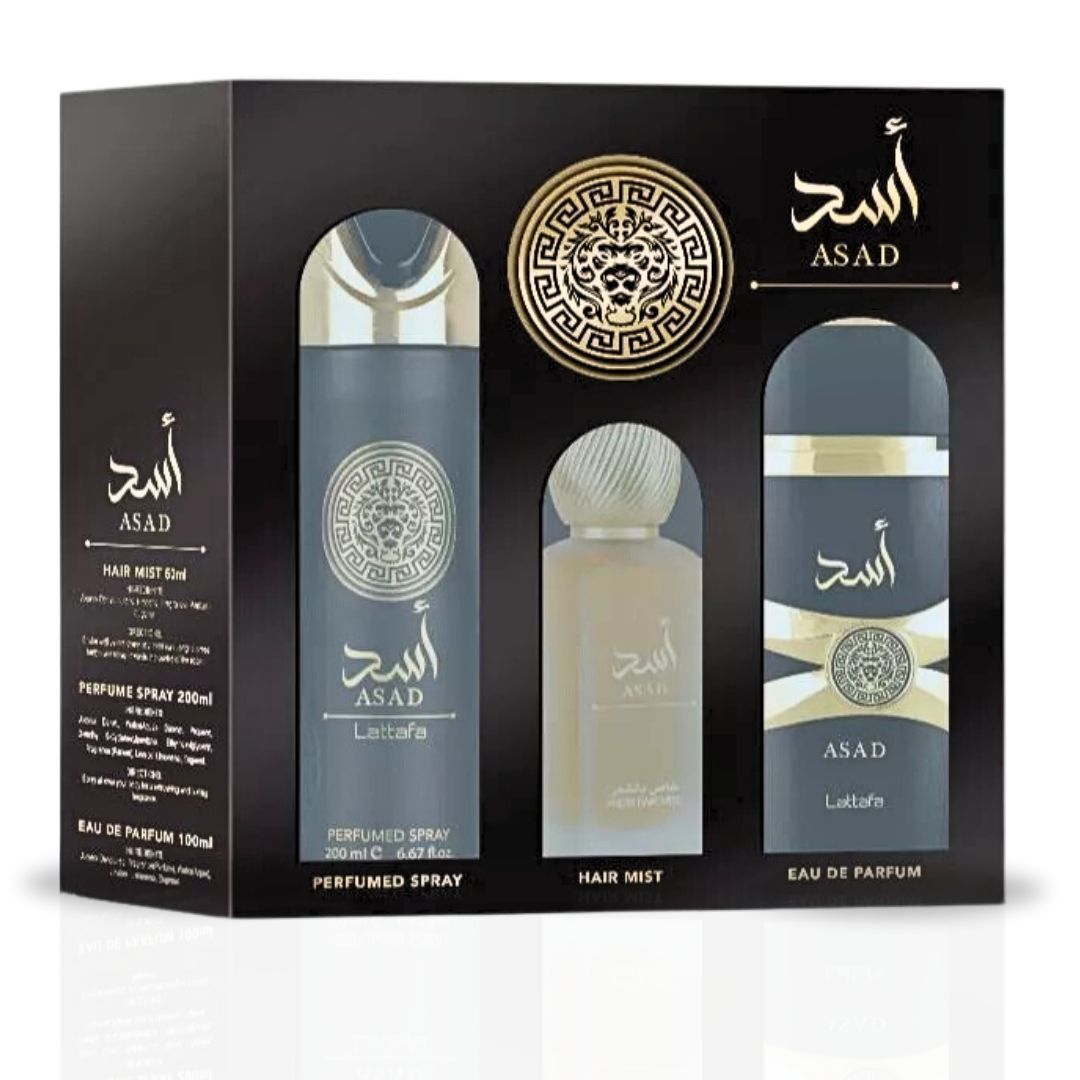 Asad Gift Set EDP Spray - 100ML, Hair Mist - 50ML, Perfumed Spray 200ML | Gift Set By Lattafa