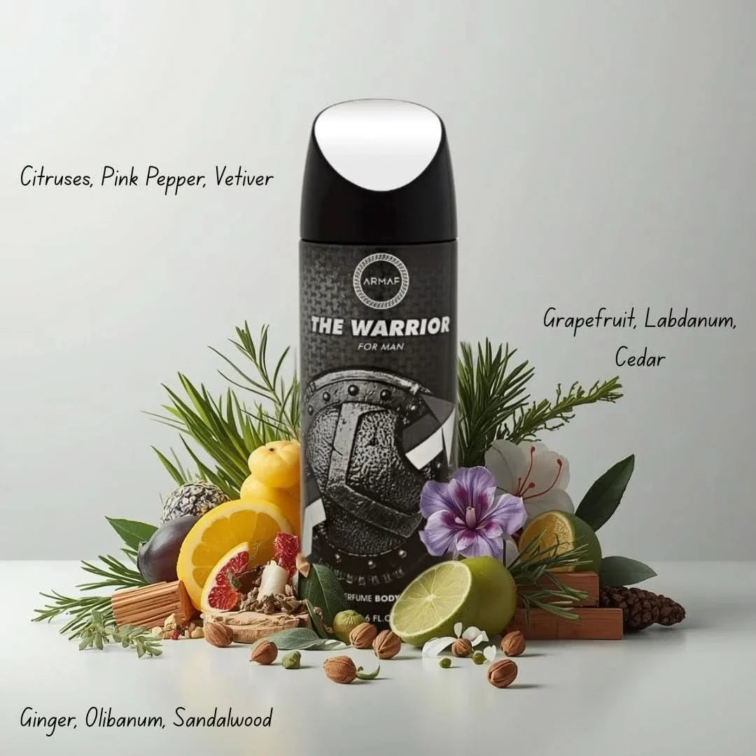 Armaf The Warrior deodorant spray in a 200ml bottle, featuring a sleek design and silver cap, ideal for men's grooming.