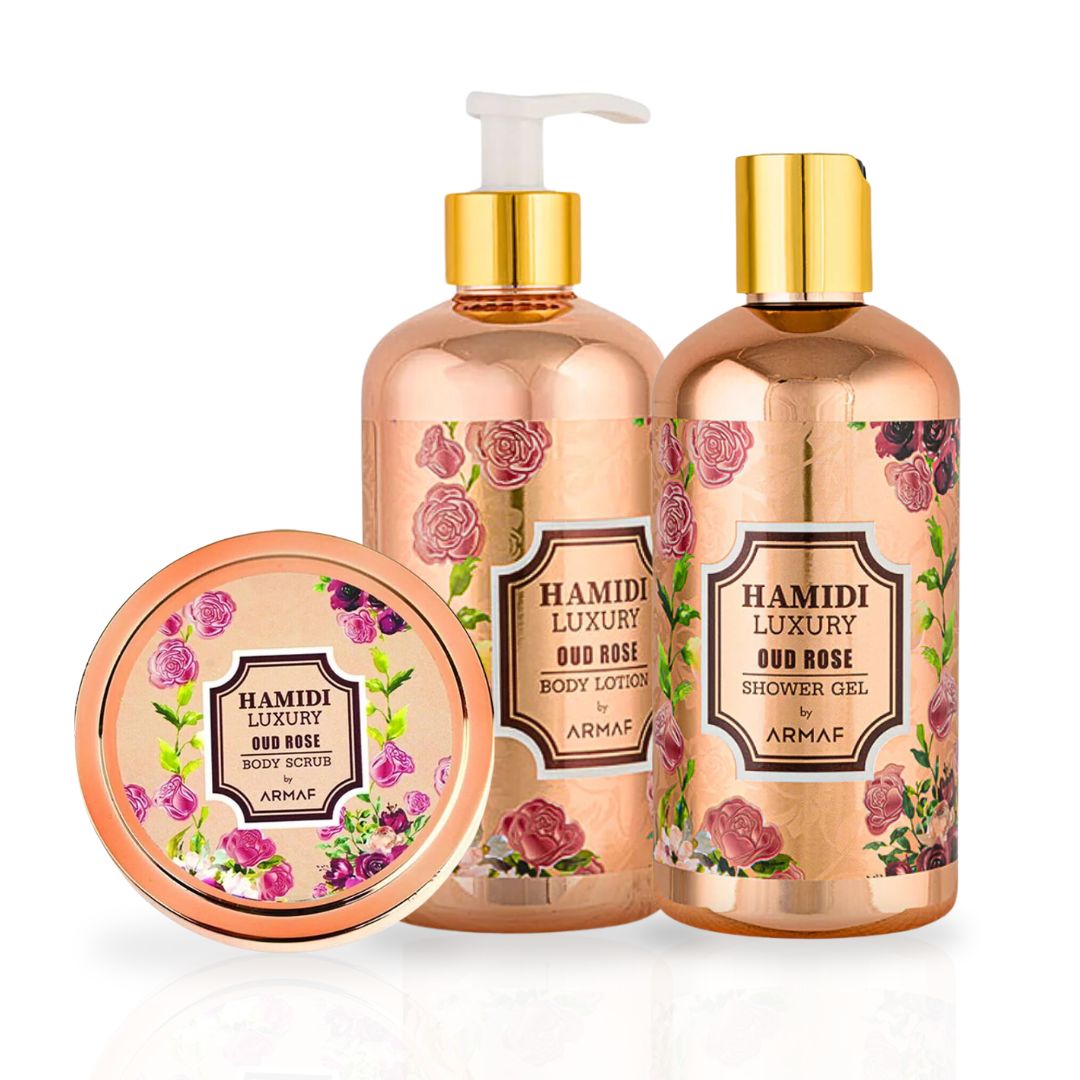 3PCS LUXURY OUD ROSE - Bath & Body Gift Set Magnetic Box By Hamidi | Ultra Moisturizing, Skin-Nourishing, Naturally Derived Ingredients. (Pack Of 3)