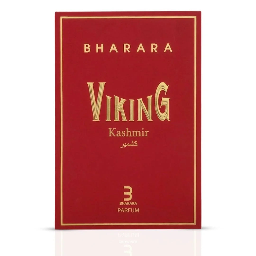 Bharara Viking Kashmir EDP perfume spray 100ml bottle with ornate design and cap, showcasing elegant packaging.