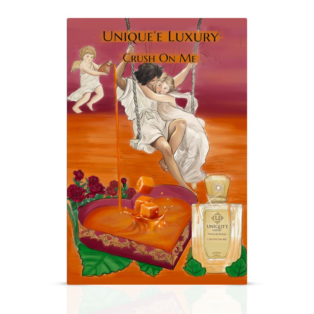 Unique'e Luxury Crush On Me Extrait de Parfum 100ml bottle, elegant glass container with a sleek design.
