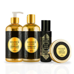 4PCS LUXURY AMBER OUD & Oud Great - Bath & Body Gift Set Magnetic Box By Hamidi | Ultra Moisturizing, Skin-Nourishing, Naturally Derived Ingredients. (Pack Of 4)