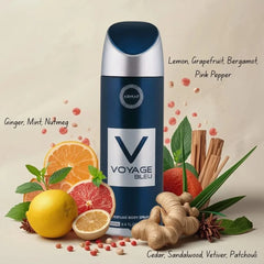 Armaf Voyage Bleu deodorant spray 200ml, featuring sleek blue packaging and a refreshing scent, shown in the image.