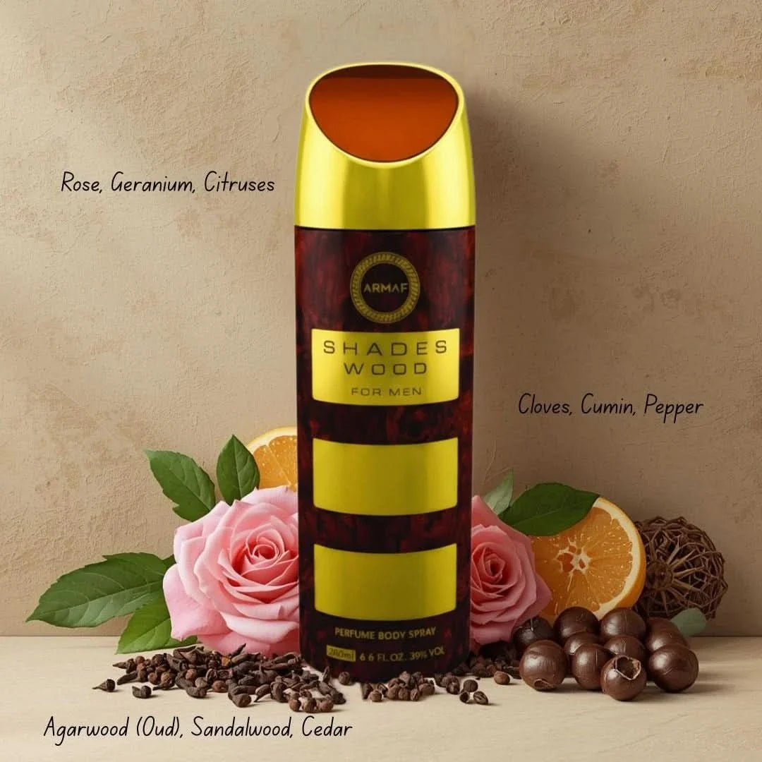 Armaf Shades Wood deodorant spray 200ml bottle with a sleek design, featuring a black cap and label displaying the product name.