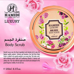 LUXURY OUD ROSE BODY SCRUB 250ML (8.4 OZ) By Hamidi | Gently Exfoliates For Soft & Smooth Skin, Naturally Derived Ingredients.