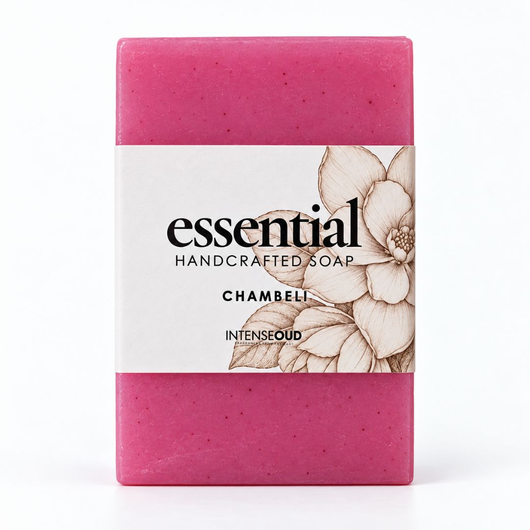 Chameli Handmade Soap by Intense Oud, 150g, featuring a natural soap bar with floral chameli scent and textured surface.